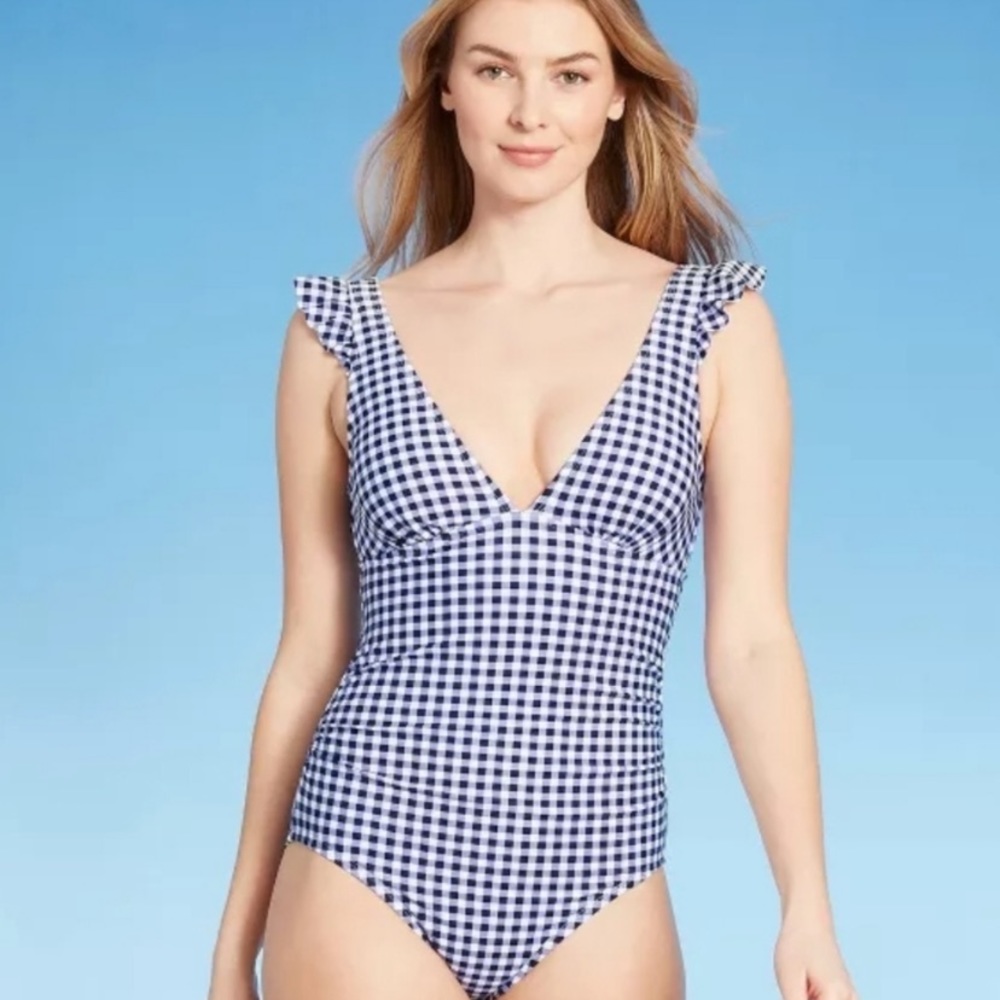 Kona Sol Navy Blue Gingham Ruffle Sleeve One-Piece Swimsuit L (12-14) NWT